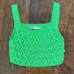 Zara Vibrant Green Knit Top with Pearl Details